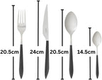 BUGATTI ARES Cutlery set with Black handle. Set for 6 with Knife, Fork, Spoon, and Teaspoon in Wood Case Gift Box. Designed in Italy. Flatware Set for Home and Restaurants