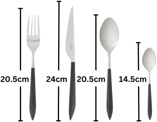 BUGATTI ARES Cutlery set with Black handle. Set for 6 with Knife, Fork, Spoon, and Teaspoon in Wood Case Gift Box. Designed in Italy. Flatware Set for Home and Restaurants