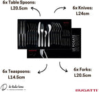 Bugatti 24 Pieces Set in Gallery Box "Capricio" Stainless Steel Cutlery Set, Flatware Set for 6, Including Knife, Fork, Spoon, and Teaspoon