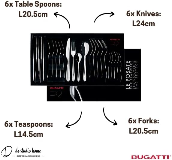 Bugatti 24 Pieces Set in Gallery Box "Capricio" Stainless Steel Cutlery Set, Flatware Set for 6, Including Knife, Fork, Spoon, and Teaspoon