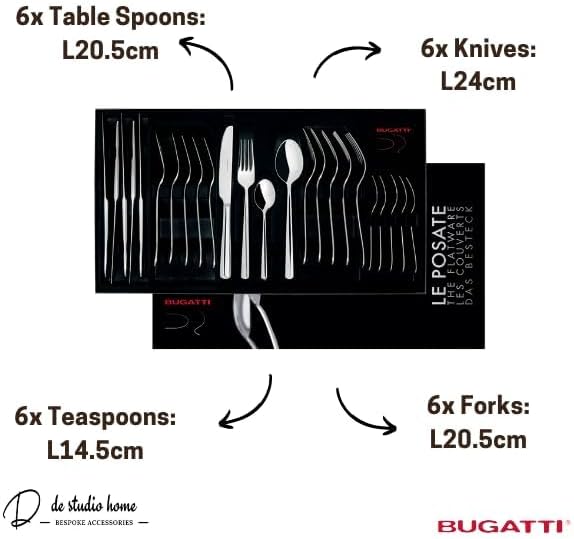 Bugatti 24 Pieces Set in Gallery Box "Metropolis" Stainless Steel Cutlery Set, Flatware Set for 6, Including Knife, Fork, Spoon, and Teaspoon