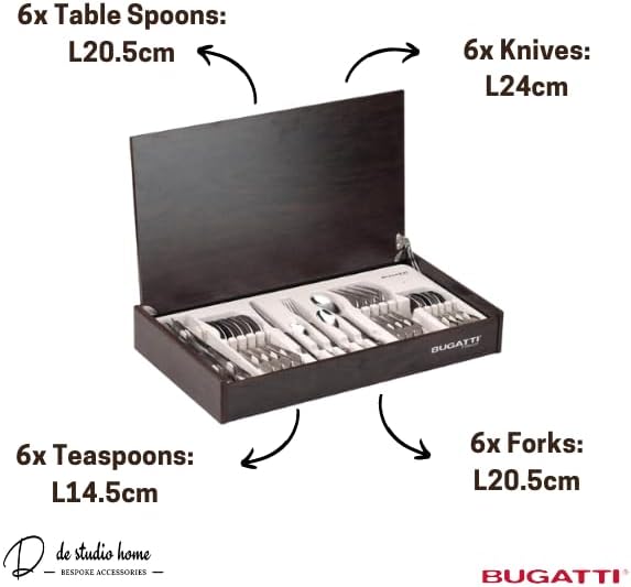 BUGATTI ARES Cutlery set with Black handle. Set for 6 with Knife, Fork, Spoon, and Teaspoon in Wood Case Gift Box. Designed in Italy. Flatware Set for Home and Restaurants