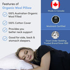 DOWN UNDER Bedding Queen Size Washable Australian Organic Wool Filled Cool Sleeping Pillow - 100% Cotton Cover - Adjustable Firmness - Neck Support for Side, Back and Stomach Sleeper - Made in Canada