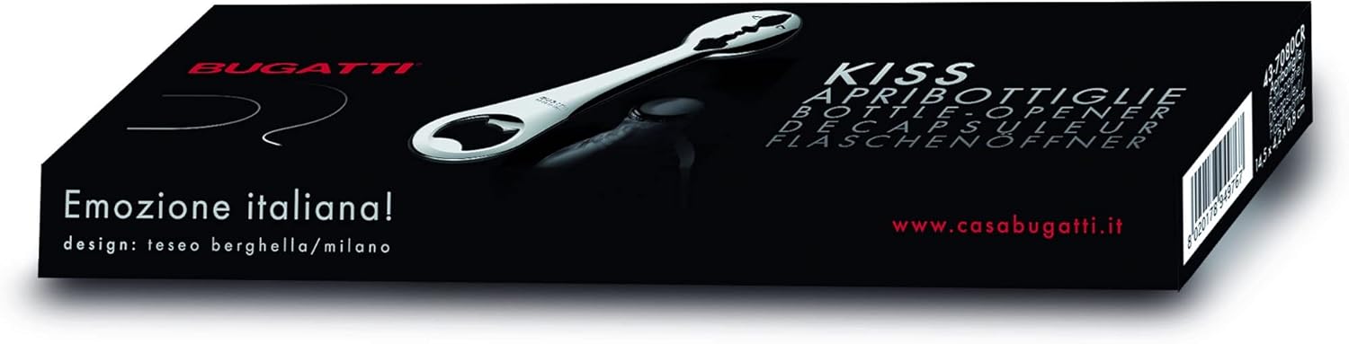 BUGATTI Kiss Bottle Opener shining stainless steel-color finishing, Soda Cap Lifter, Soft Drink Popper. Kitchen Tool. Made in Italy.