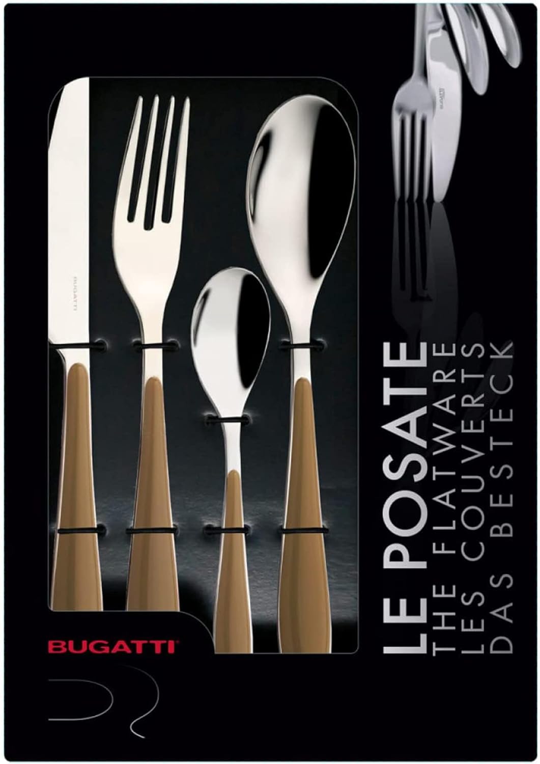 BUGATTI 24-Pieces Gioia Tobacco Coloured Cutlery Set in Gallery Box for 6, including Knife, Fork, Spoon, and Teaspoon, Designed in Italy