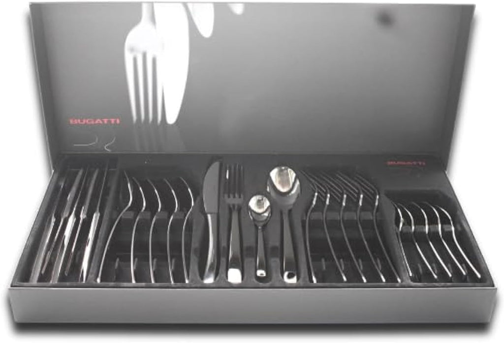Bugatti 24 Pieces Set in Gallery Box "Metropolis" Stainless Steel Cutlery Set, Flatware Set for 6, Including Knife, Fork, Spoon, and Teaspoon