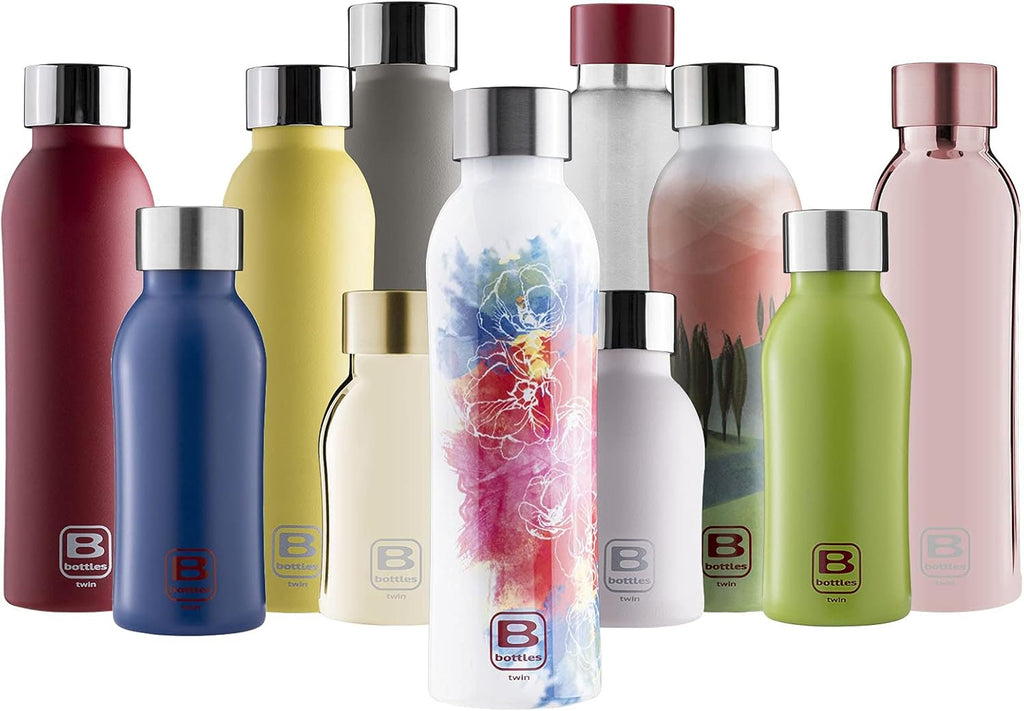 Bugatti B Bottles Twin Insulated 18/10 stainless steel Water Bottle for Cold and Hot Water - Watercolor Red & Blue Decorated by Decal
