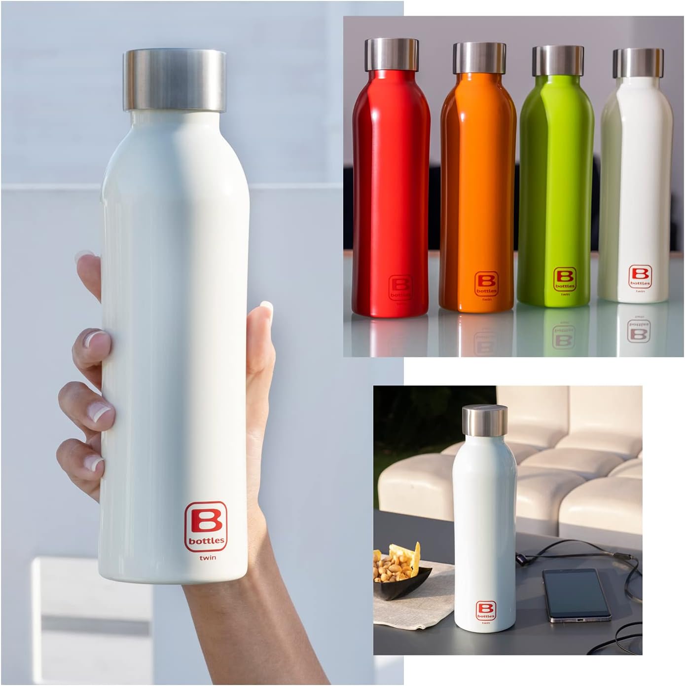 BUGATTI B Bottles Twin Thermal Bottle 800 ML Green Keeps Liquids hot for H12, Cold for H24 and ice for H36 18/10 Stainless Steel Fitness Bottle, Ecological and Reusable Designed in Italy