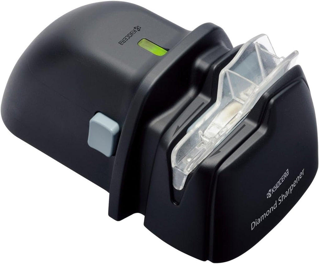 Kyocera Electric Diamond Knife Sharpener. For ceramic knives. Integrate Knife Guide and roller Assist. Battery operated.