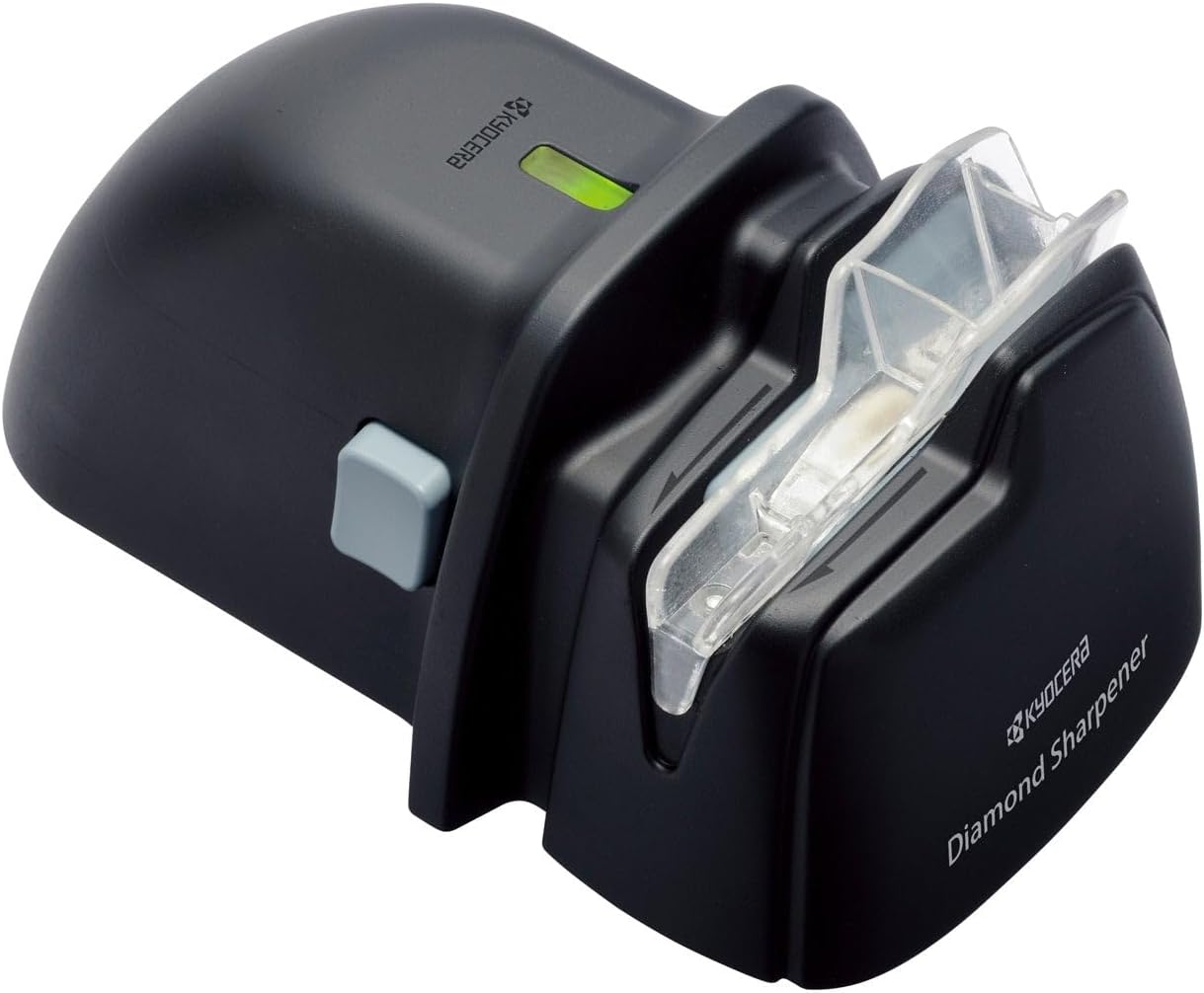 Kyocera Electric Diamond Knife Sharpener. For ceramic knives. Integrate Knife Guide and roller Assist. Battery operated.