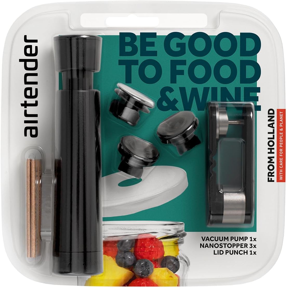 Airtender AT 994328 Zwart Food & Wine Set Vacumpomp met 3 Nanostoppers en Dekselperforator