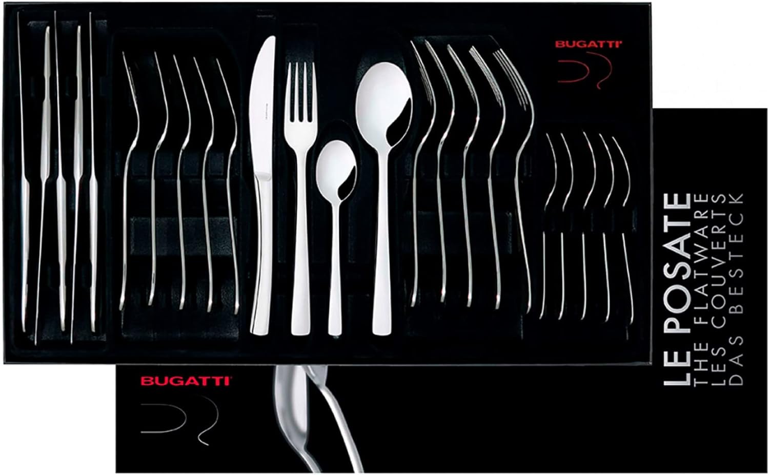 Bugatti 24 Pieces Set in Gallery Box "Capricio" Stainless Steel Cutlery Set, Flatware Set for 6, Including Knife, Fork, Spoon, and Teaspoon