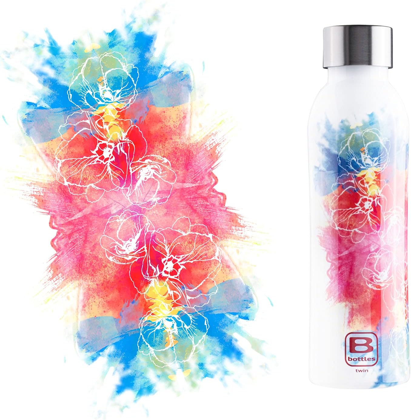 Bugatti B Bottles Twin Insulated 18/10 stainless steel Water Bottle for Cold and Hot Water - Watercolor Red & Blue Decorated by Decal
