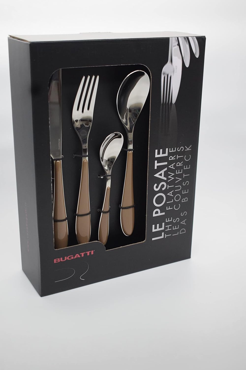 BUGATTI 24-Pieces Gioia Tobacco Coloured Cutlery Set in Gallery Box for 6, including Knife, Fork, Spoon, and Teaspoon, Designed in Italy