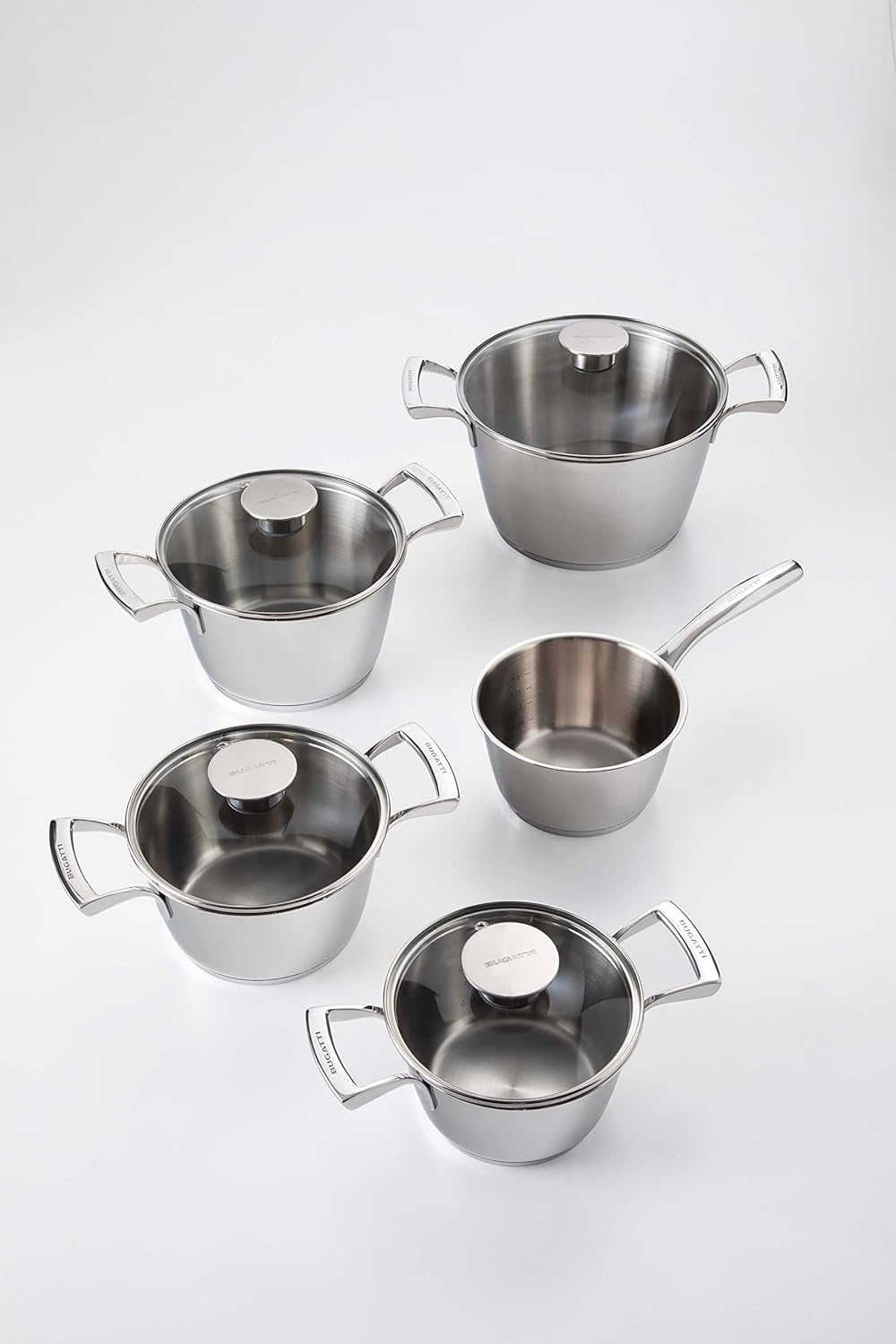 Bugatti Stainless Steel Cookware Set, 9 Pc Cookwares Polished Ouside and Satin Inside; Suitable For Induction, Gas, Halogen, Ceramic And Oven
