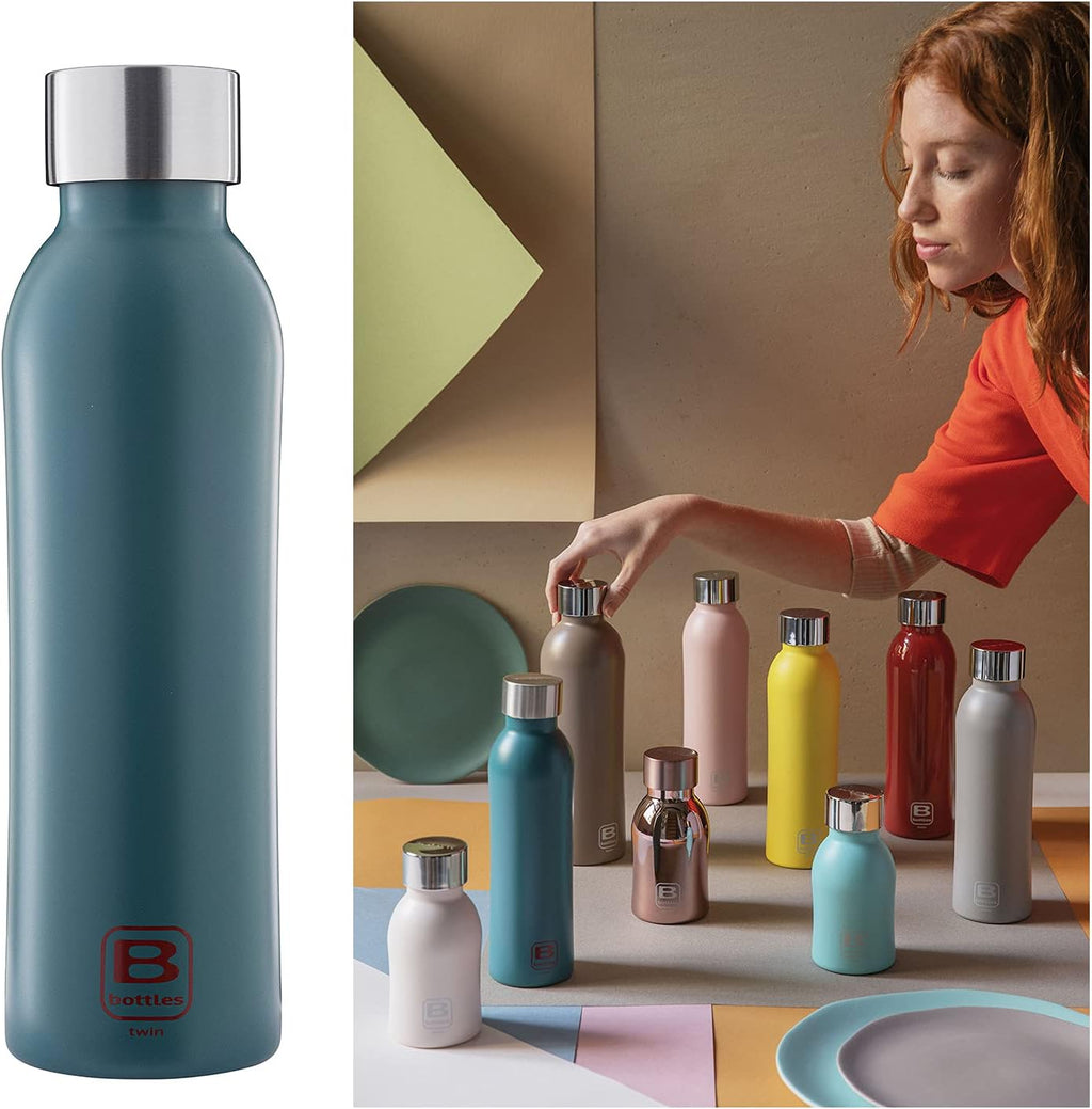 BUGATTI B Bottles Twin Thermal Bottle 500 ML Teal Blue Keeps Liquids hot for H12, Cold for H24 and ice for H36 18/10 Stainless Steel Fitness Bottle, Ecological and Reusable Designed in Italy