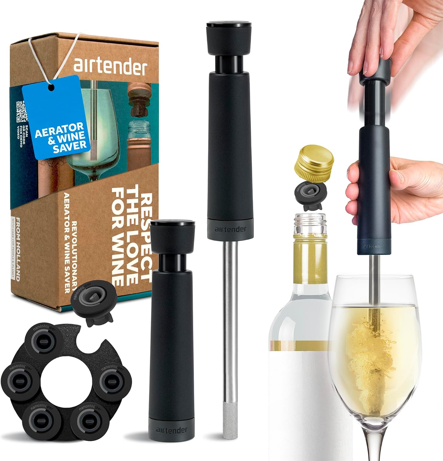 Airtender wine aerator and vacuum set - vacuum pump - 6 wine stoppers - gift box