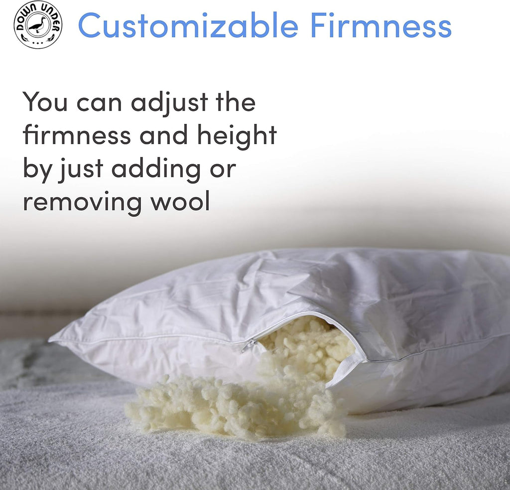 DOWN UNDER Bedding Queen Size Washable Australian Organic Wool Filled Cool Sleeping Pillow - 100% Cotton Cover - Adjustable Firmness - Neck Support for Side, Back and Stomach Sleeper - Made in Canada