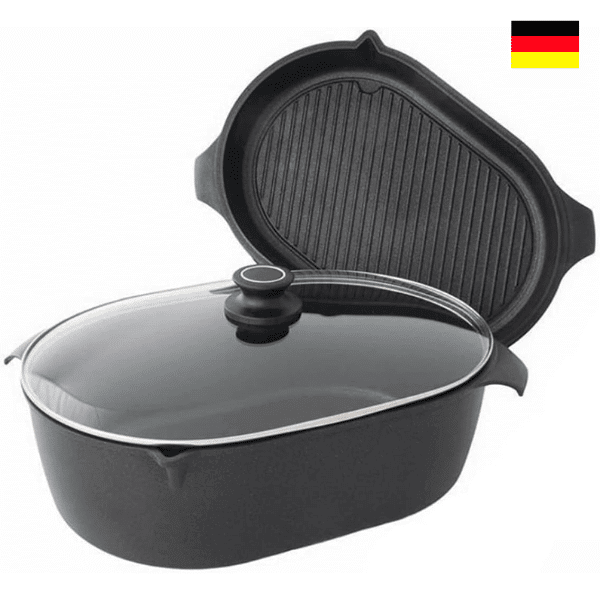 AMT Gastroguss Roasting Dish Set Consisting of Roasting Tray, Roaster Lid and Glass Lid 42 x 28 cm Roasting Lid is also a flat roasting pan AMZN-4228 Set