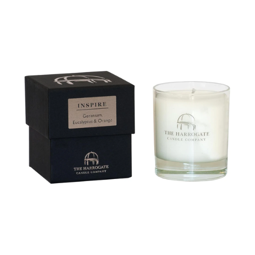 Dome of Harrogate INSPIRE Geranium, Eucalyptus and Orange Scented Mood Candle 30cl, 40 hours burn time.
